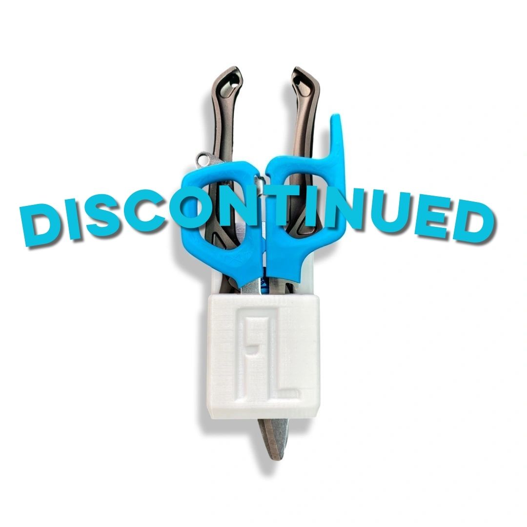 Discontinued pen holder with blue 'DISCONTINUED' text on a white background